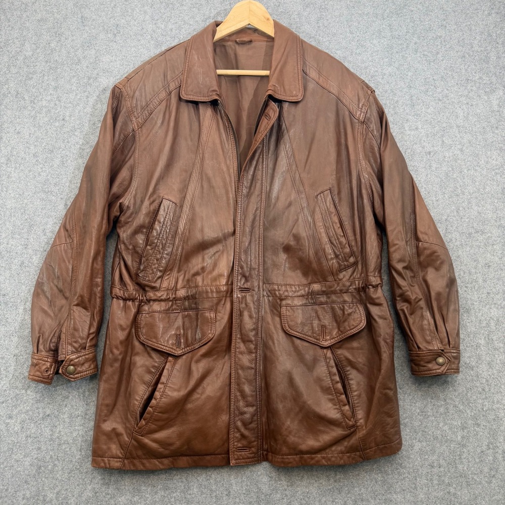 Vintage Brown Leather Field Jacket Parka Zip Up Coat Mens Large